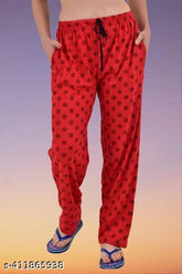 Red trendy fashionable comfy maxi pyjama for women, soft cotton fabric, cheerful print on display